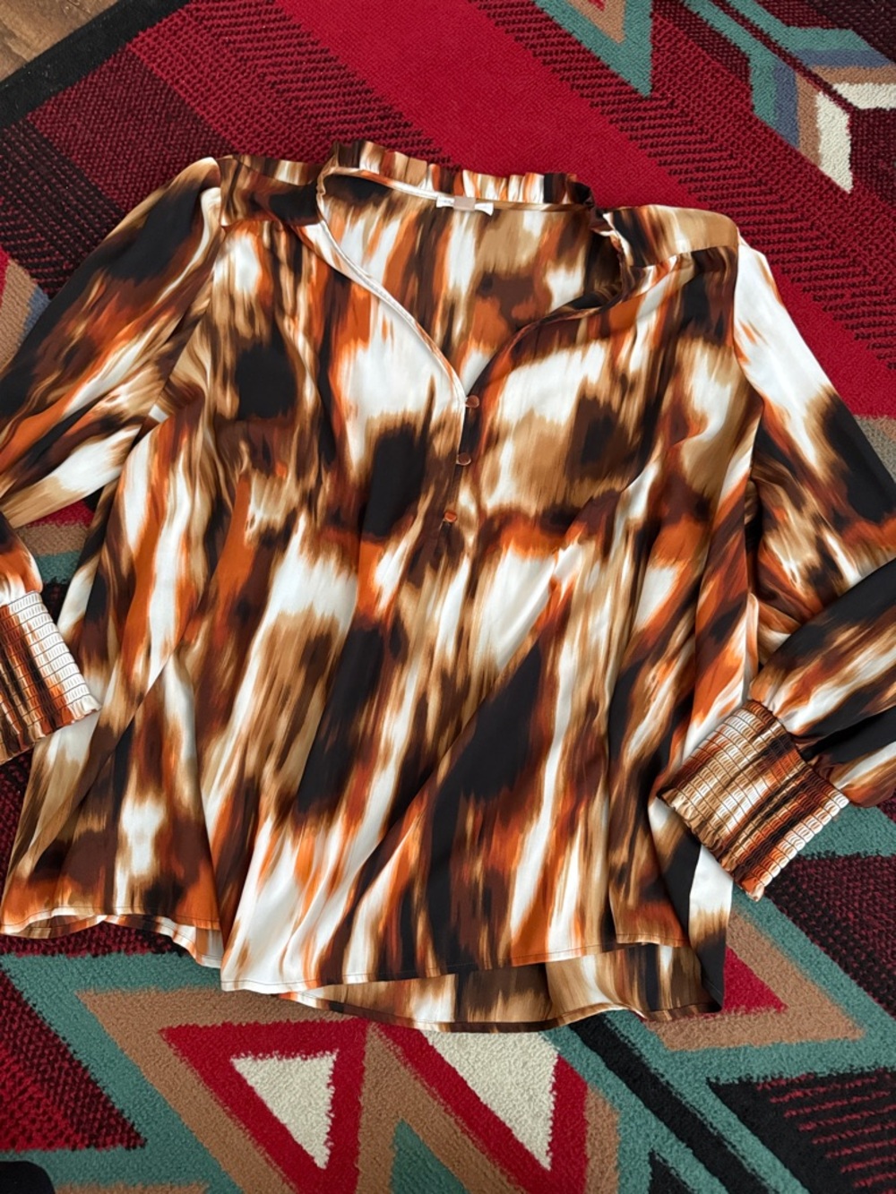 Calvin Klein Brown, Cream & Orange Printed Long Sleeve Blouse